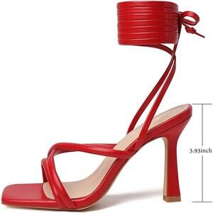 Mostrin Womens Size 9 Red Ankle Wrap Open Toe 4" Heel Lace Up Sandal Shoes
